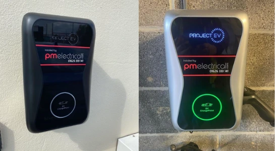 Two wall-mounted EV chargers